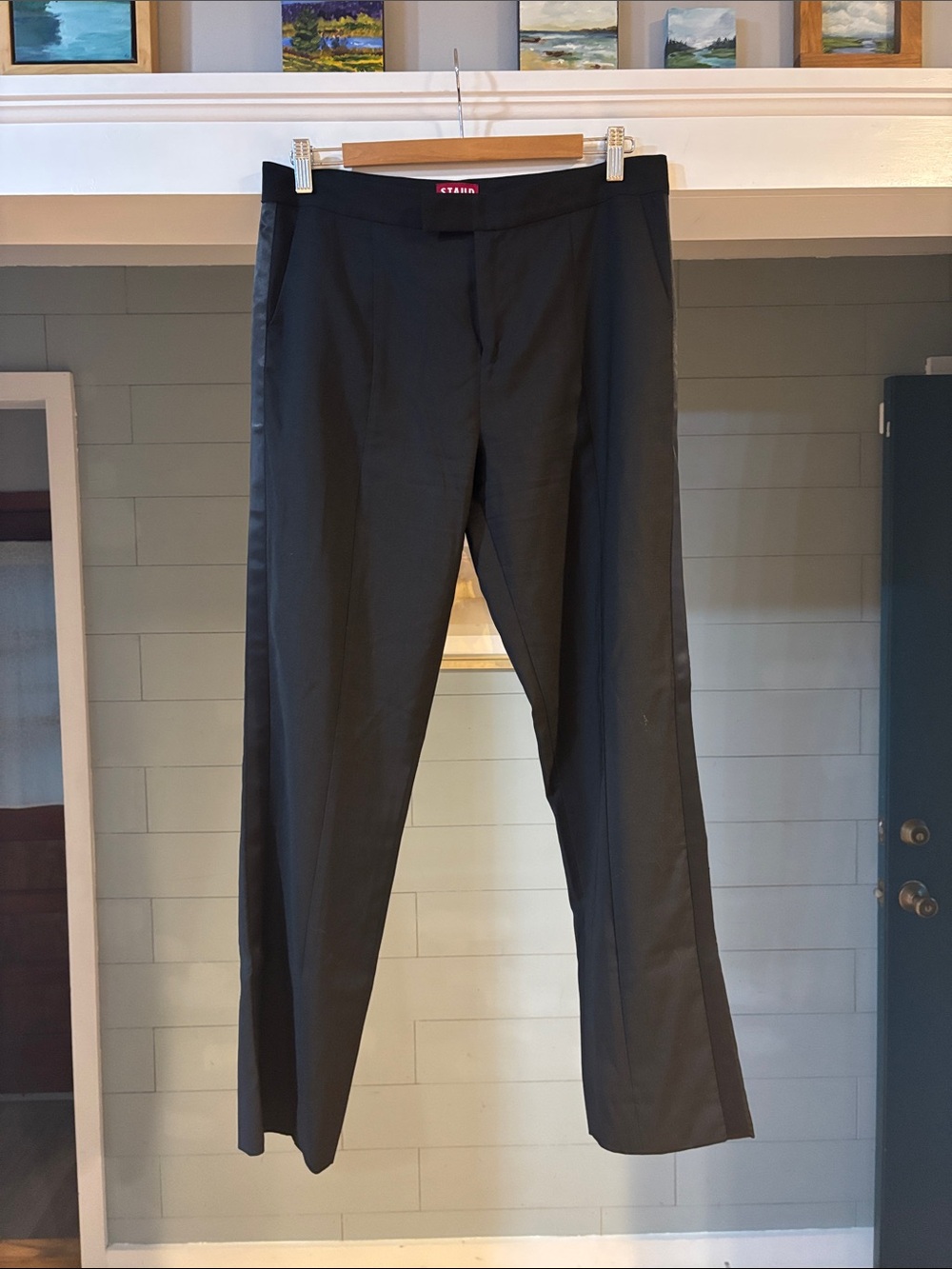 STAUD Black Straight-Leg Women's Trousers with Tuxedo Stripe